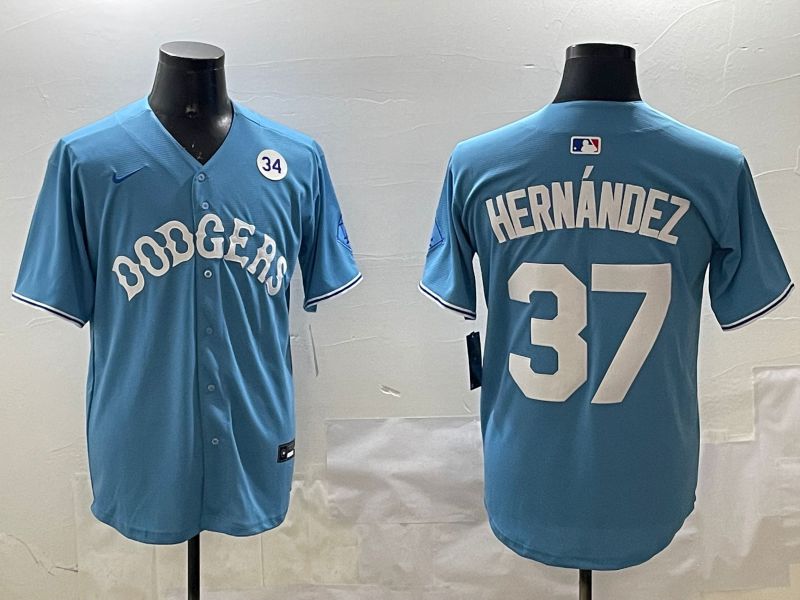 Men Los Angeles Dodgers #37 Hernandez Light Blue Joint Name 2025 Nike MLB Jersey style 19